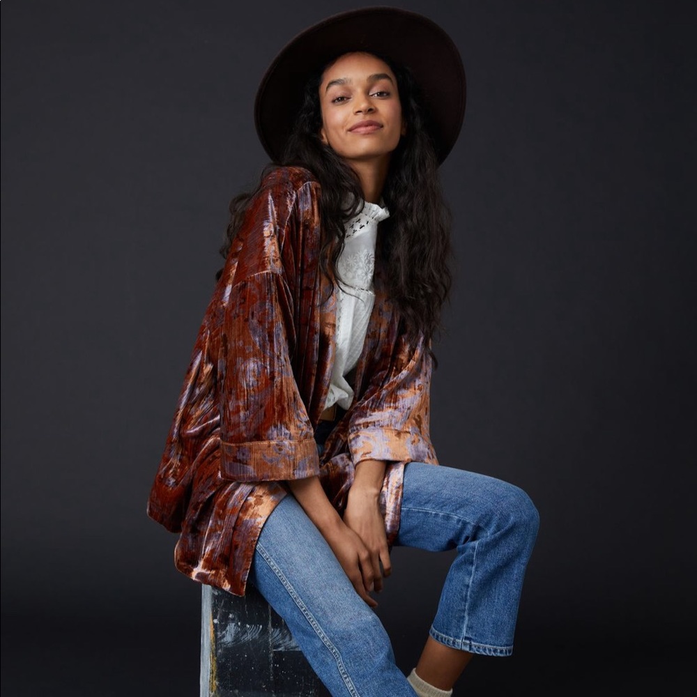Anthropologie Rust & Lavender Velvet Drape Jacket